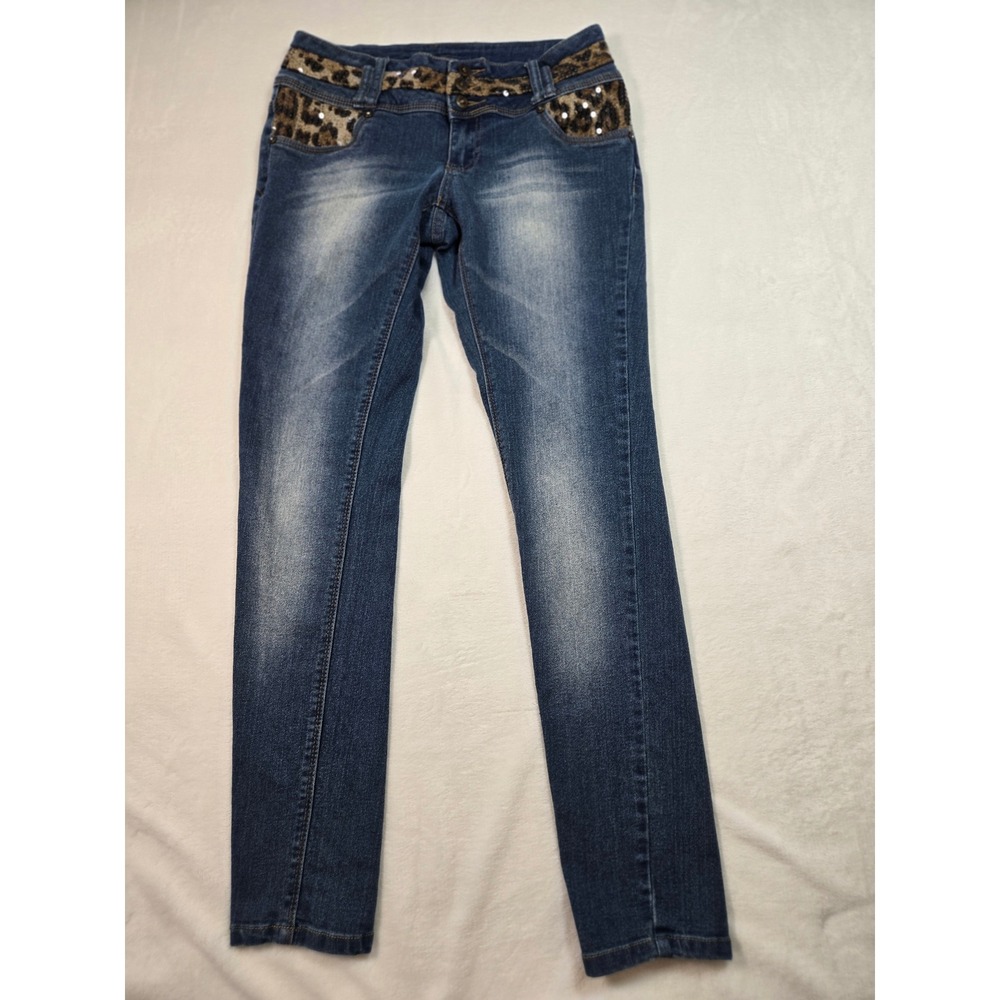 Blue Leopard Print Sequin Skinny Jeans Size 2 Low Rise Slim Fit